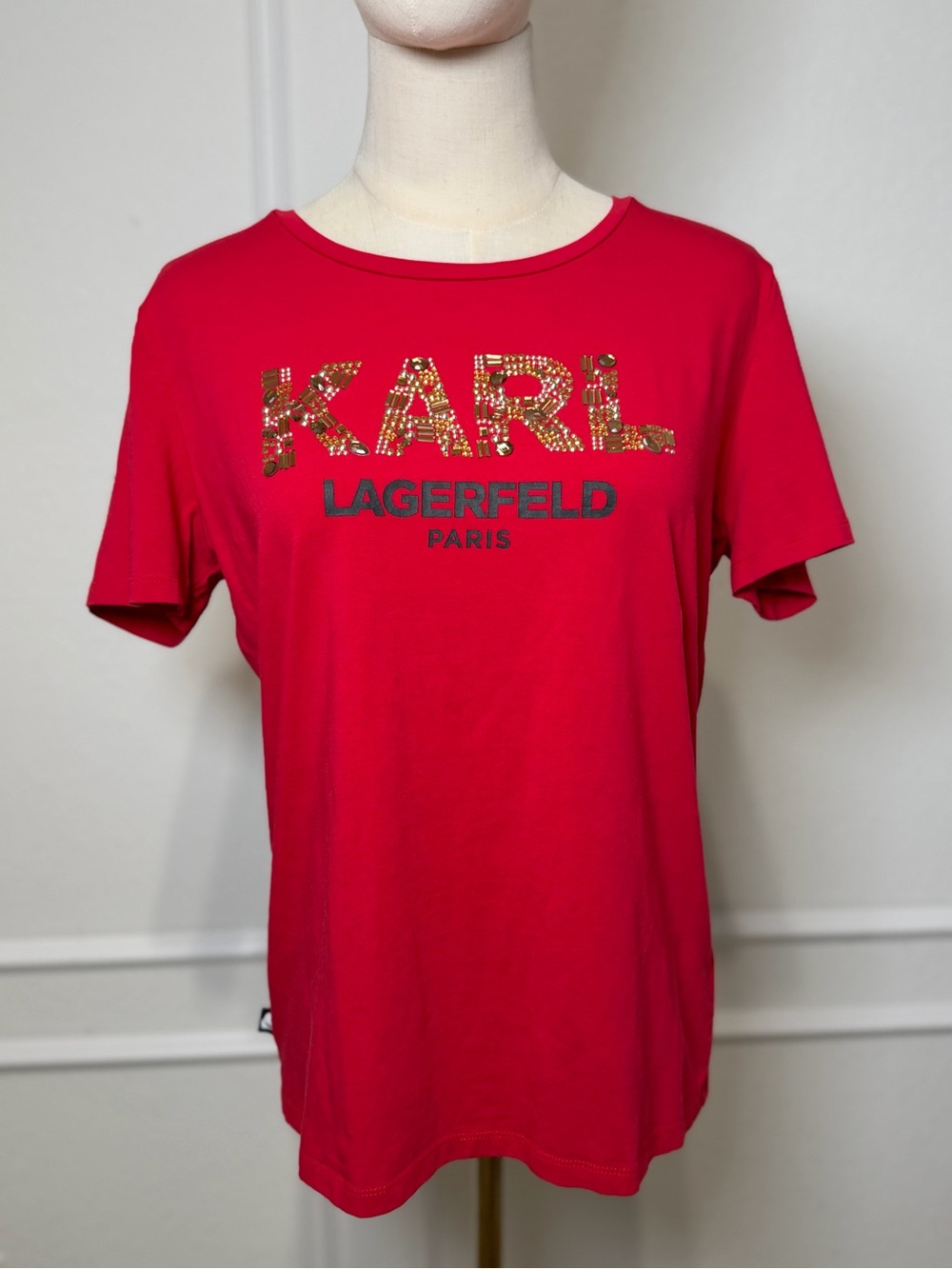 Karl Lagerfeld Red Short Sleeve Tee with Embellished KARL Logo